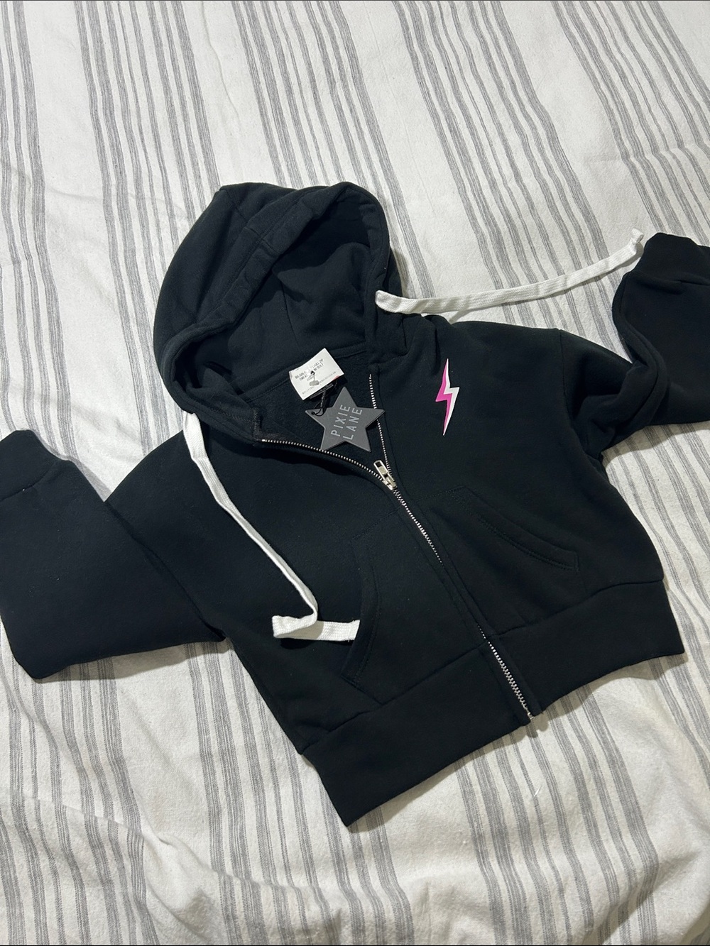 Pixie Lane Kids Black Zip-Up Hoodie with Pink Lightning Bolt